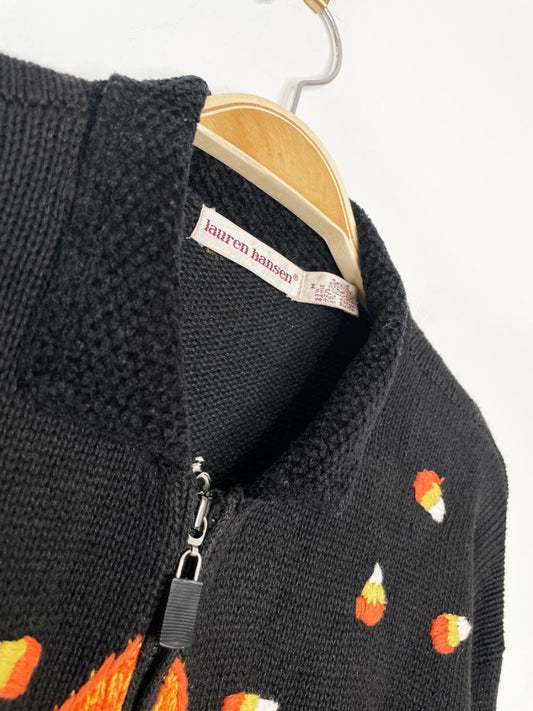 vintage 90s lauren hansen ramie - cotton argyle "BOO" knit cardigan | halloween - good market thrift store