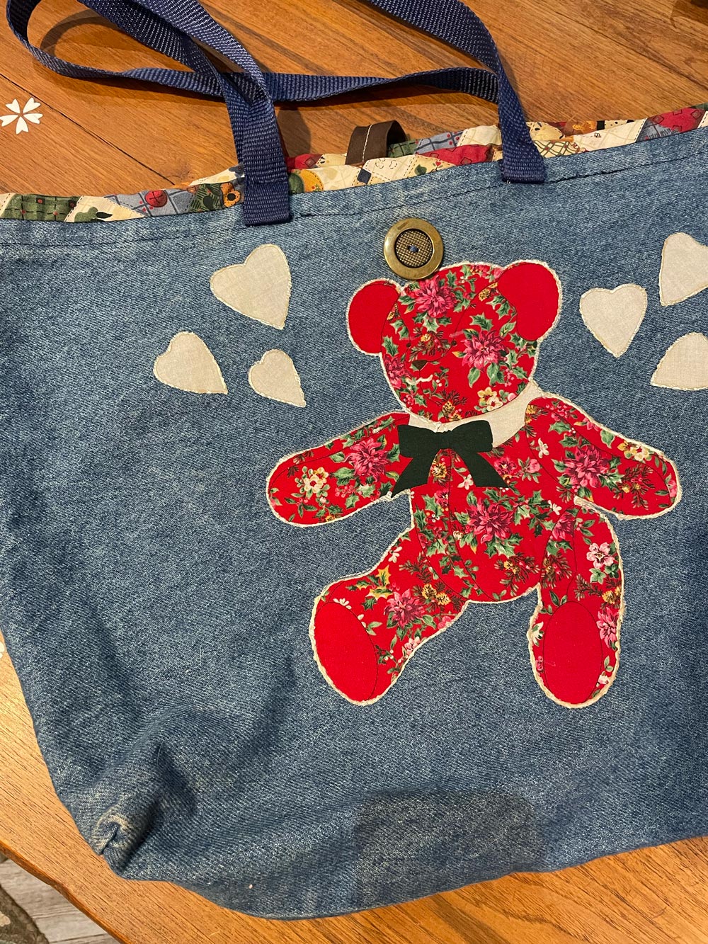 handmade teddy bear quilted denim tote bag