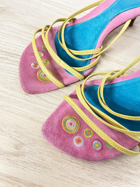 y2k greenwich village suede strappy kitten heel sandal - good market thrift store