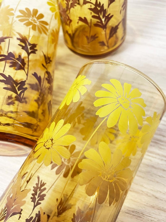 x3 vintage 70s libby amber daisy tumblers - good market thrift store