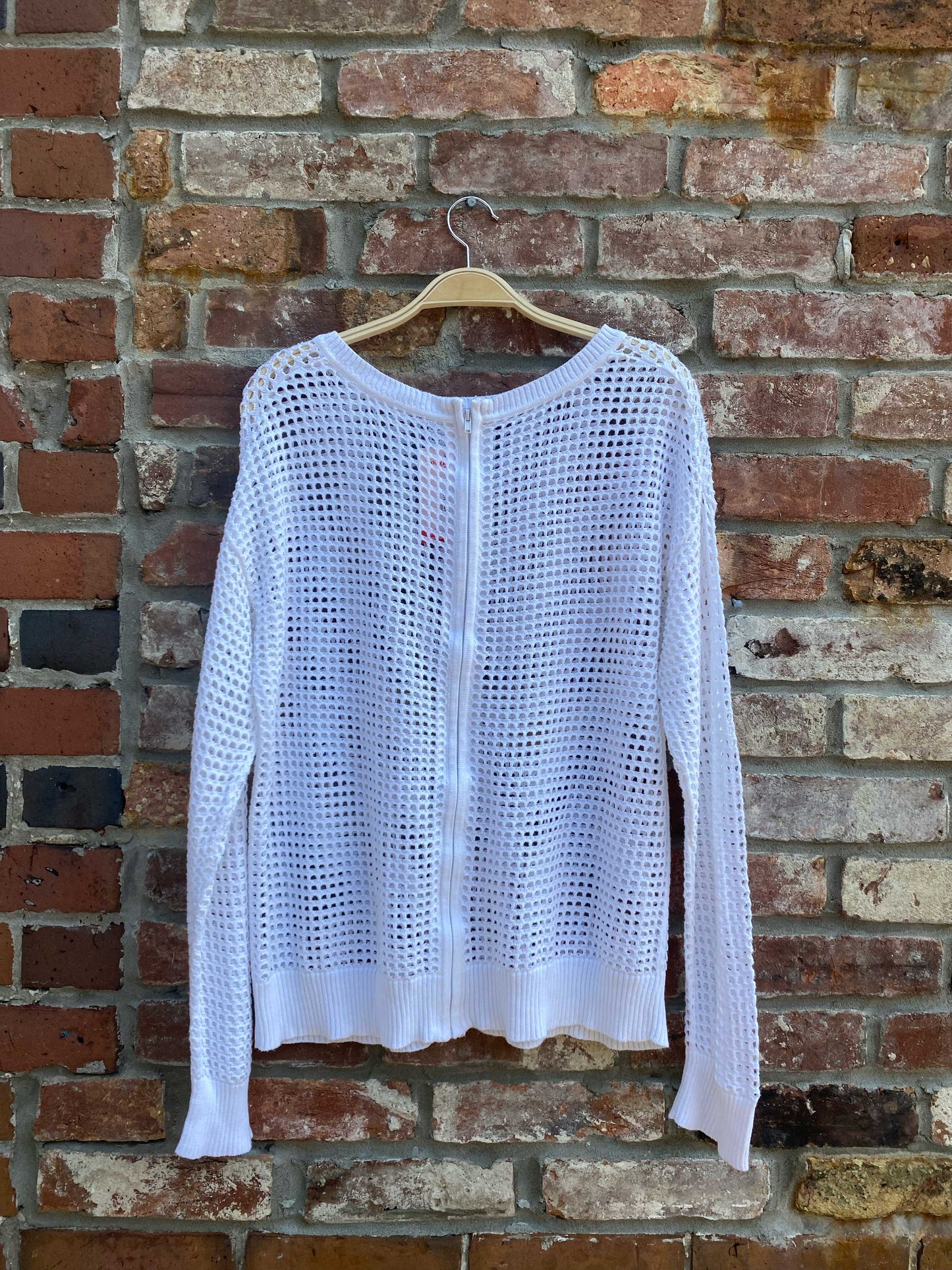 crochet mesh zipper back crewneck