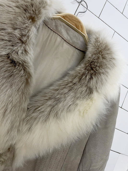 vintage olympic fox fur collar suede belted penny lane coat