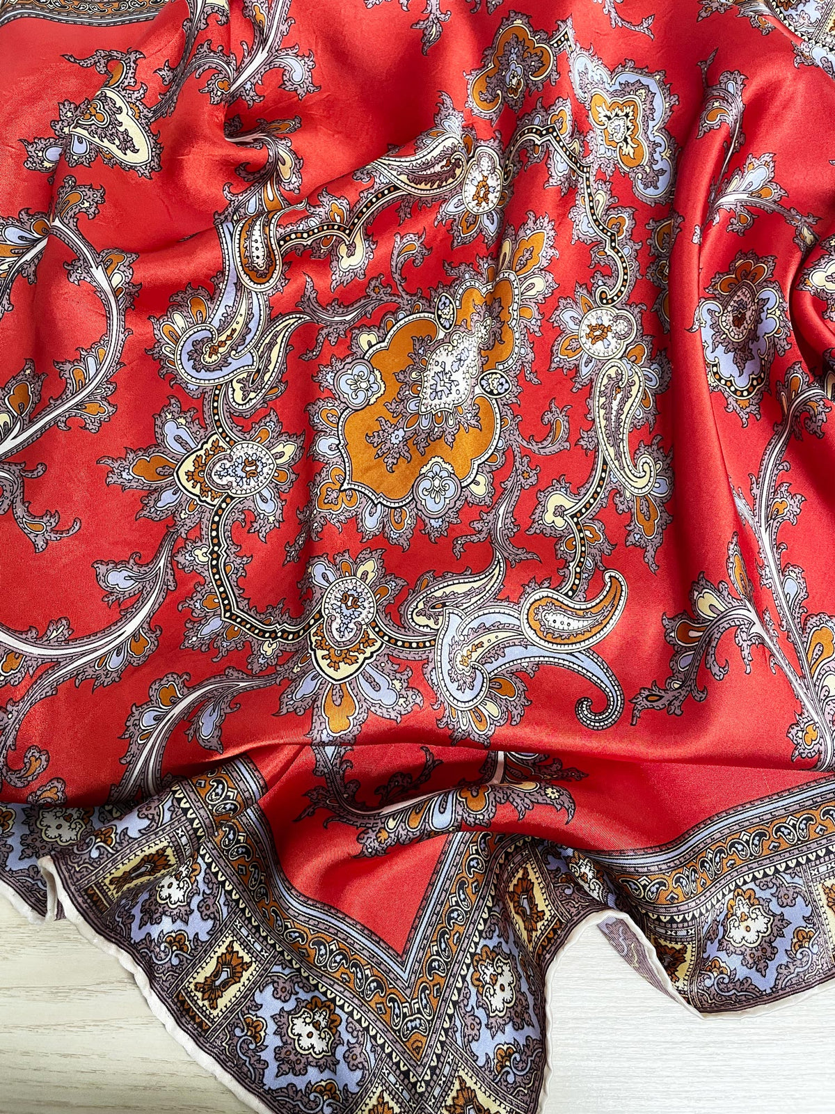 vintage satin paisley xl square scarf | hand-rolled edge