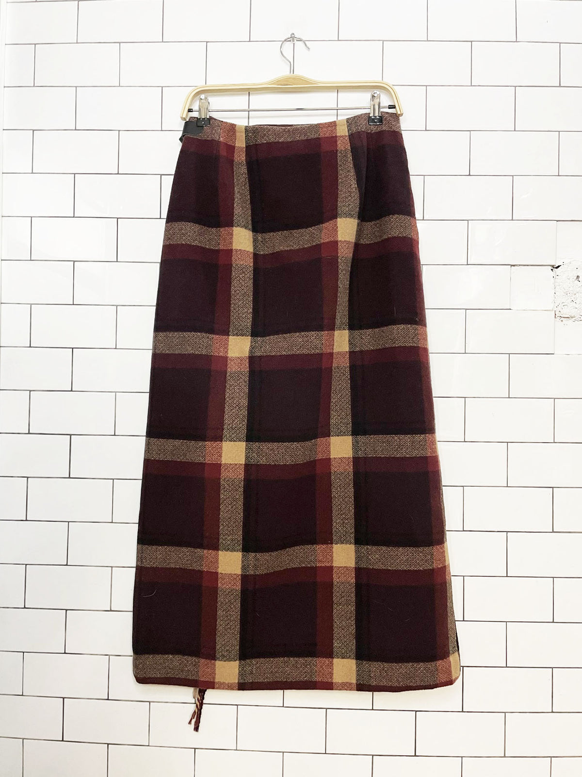 vintage eddie bauer wool-blend wrap fringe plaid maxi skirt