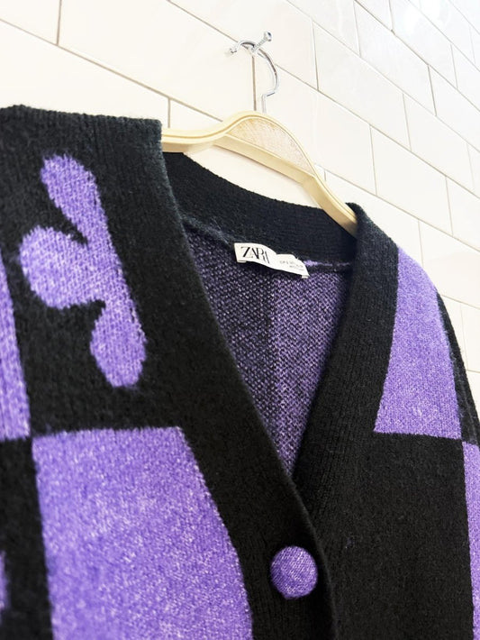 zara wool - blend oversized knit flower check cardigan - good market thrift store