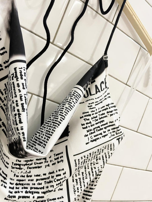 y2k cowl neck newsprint halter midi dress - good market thrift store