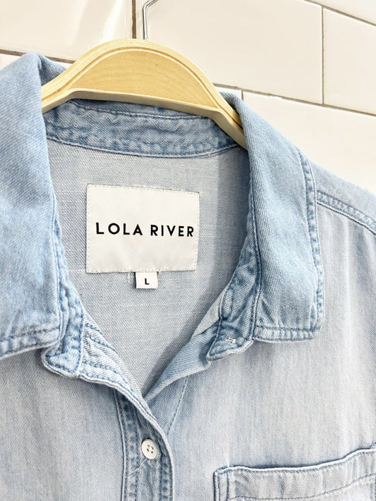 lola river boxy courier denim button up - good market thrift store