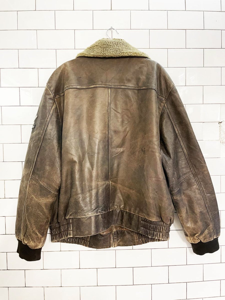 vintage denver hayes sherpa collar leather aviator bomber jacket - good market thrift store