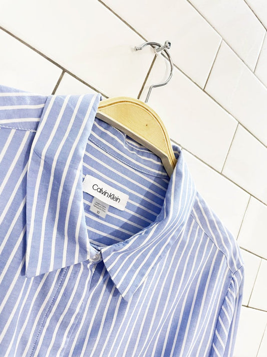 calvin klein blue stripe tie waist long sleeve shirt dress - good market thrift store