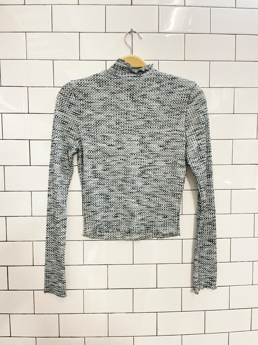 blue blush waffle curly hem mock neck long sleeve top - good market thrift store