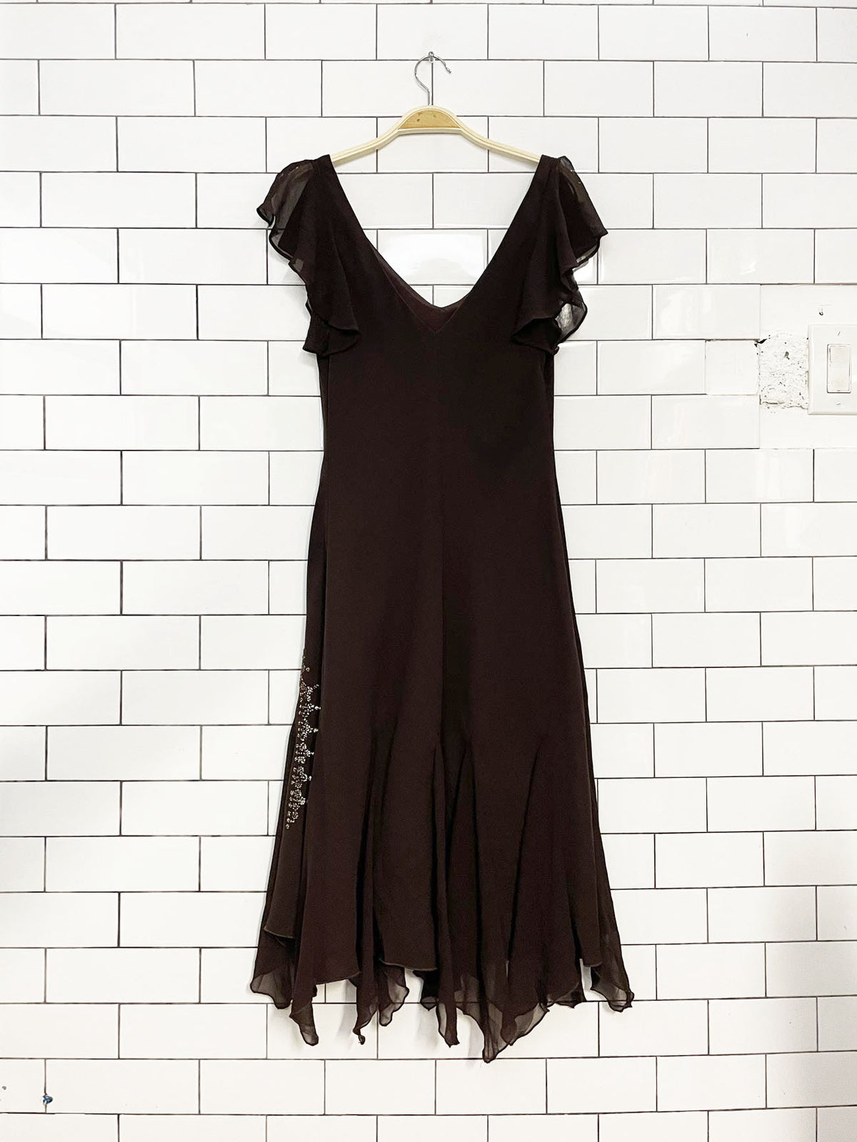 y2k SL fashions flutter sleeve shark bite ruffle hem beaded midi dress | made in USA