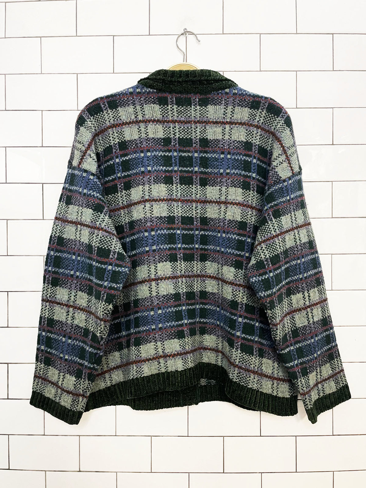 vintage 90s ll bean wool-silk plaid knit cardigan