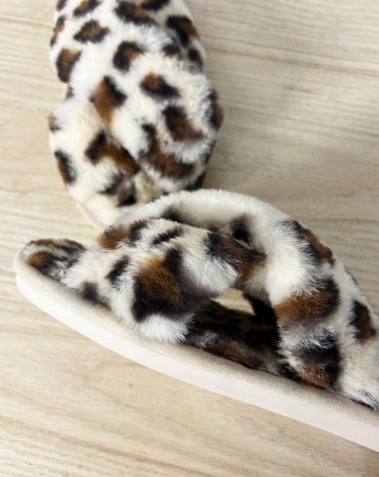 animal print faux fur criss cross slipper - good market thrift store