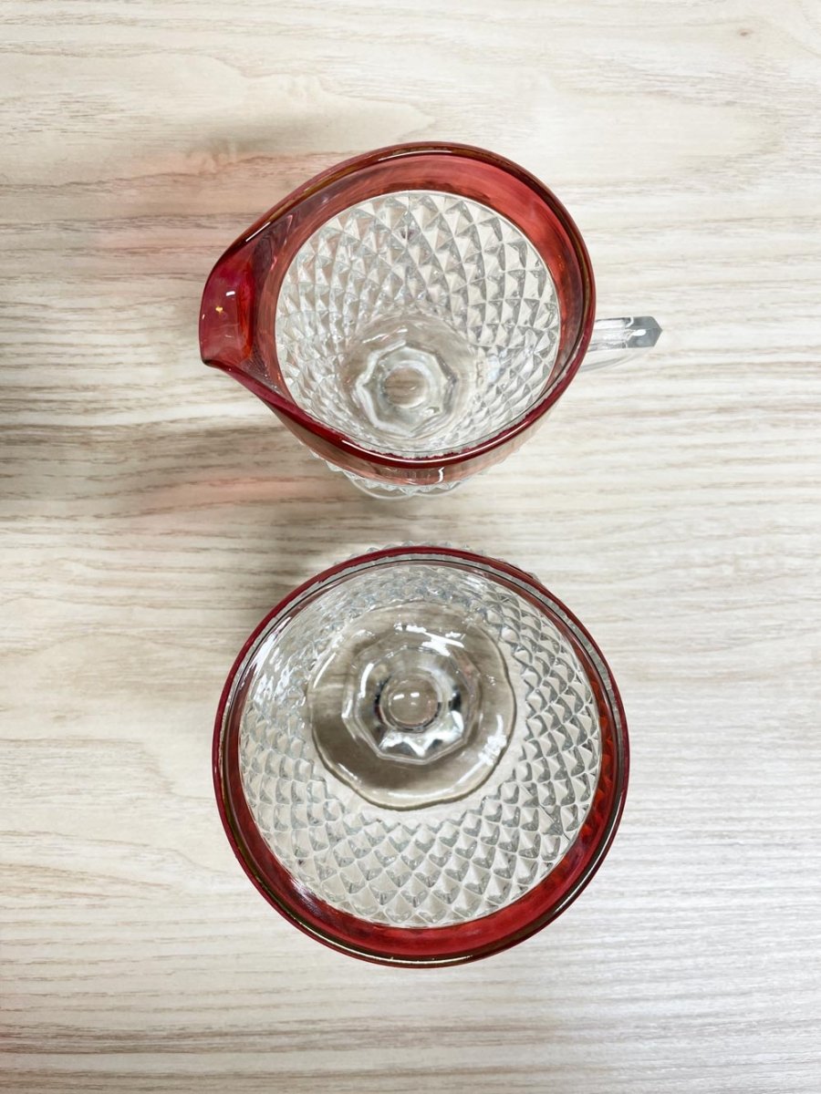 vintage 70s indiana glass depression sugar bowl + creamer set w plate - good market thrift store