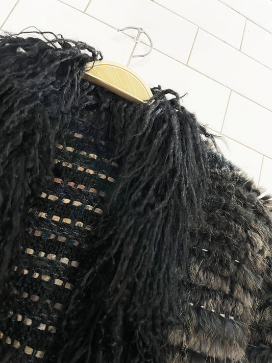 vintage hand-knit rabbit fur + mongolian sheepskin trim boho shag open duster coat