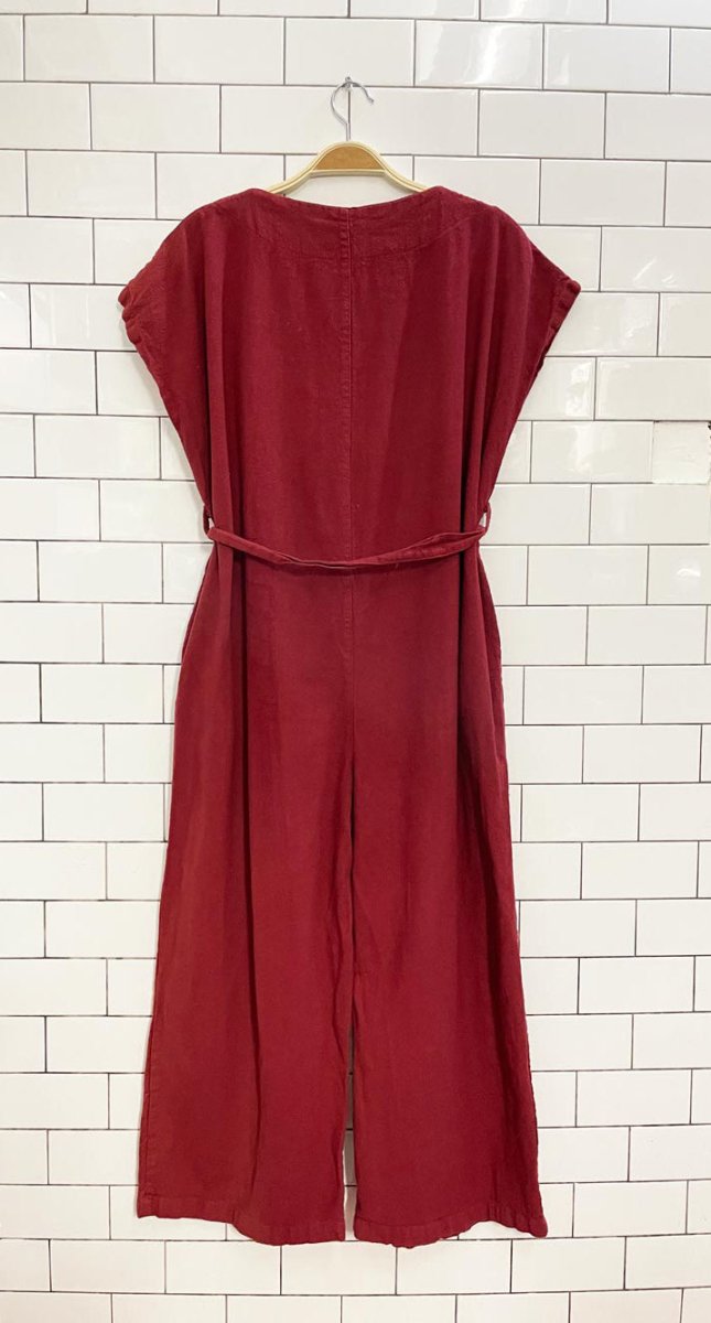 boho textured cotton belted 1/2 button wide leg jumpsuit - good market thrift store