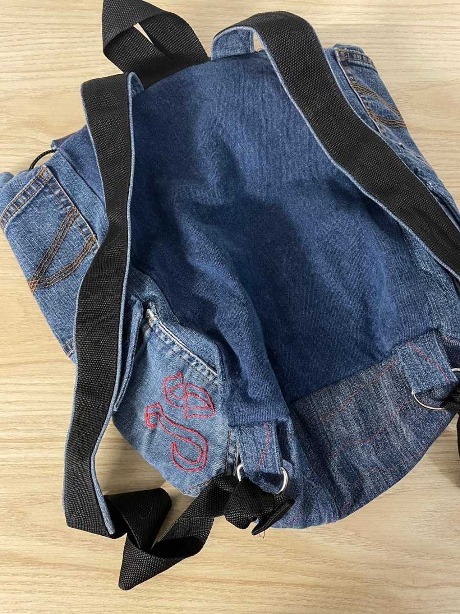 denim skull patchwork backpack - good market thrift store