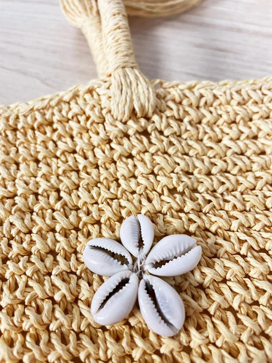 beachy shell flowers straw shoulder bag - good market thrift store