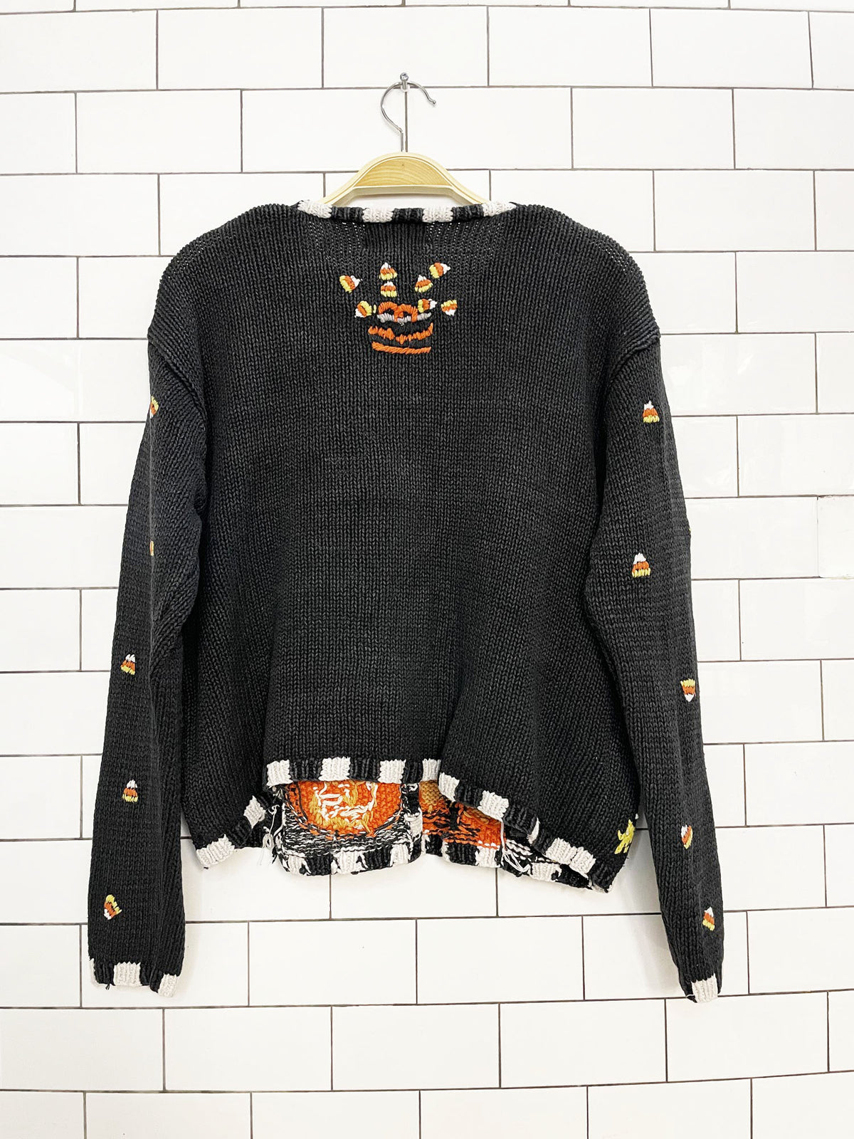 vintage designer originals studio ramie-blend halloween candy corn embroidered cardigan