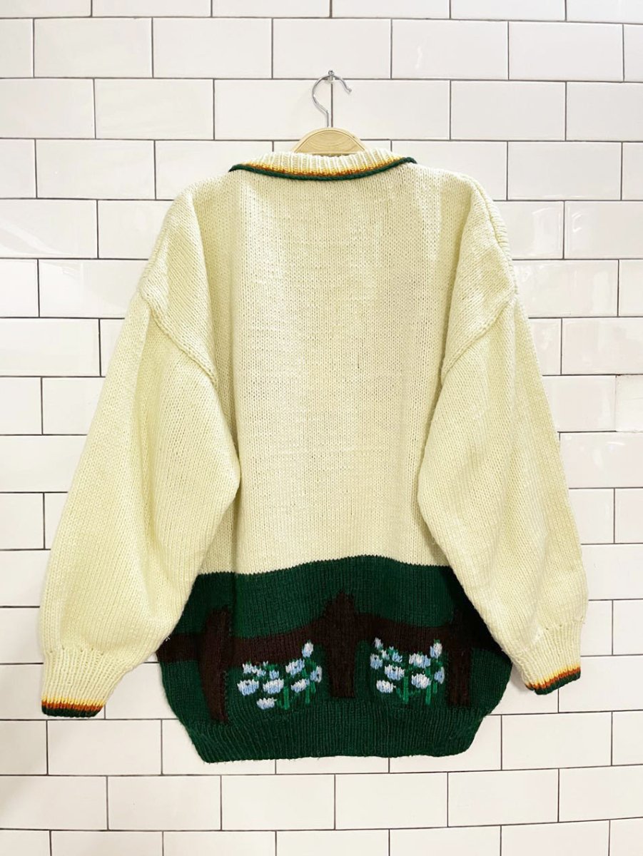 vintage hand - knit fall rooster oversized chunky knit sweater - good market thrift store