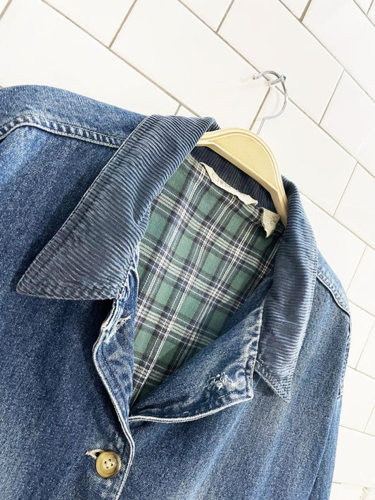 vintage 90s cherokee chunky cord trim denim chore jacket | flannel lined - good market thrift store
