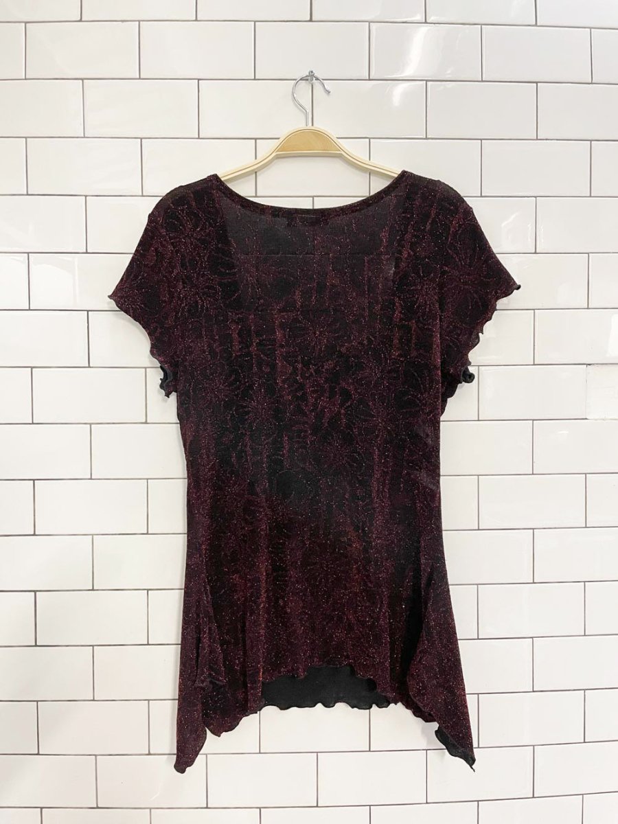 y2k jessica floral sparkly ruched curly hem top - good market thrift store