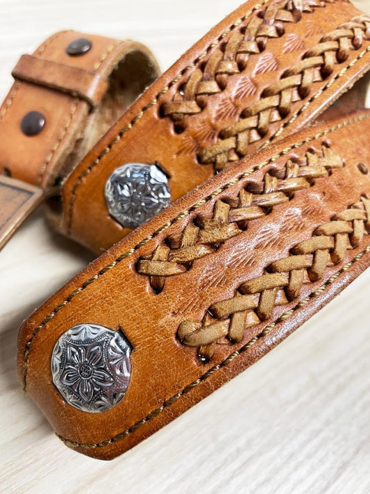 vintage alberta buckle braided leather concho western belt - good market thrift store