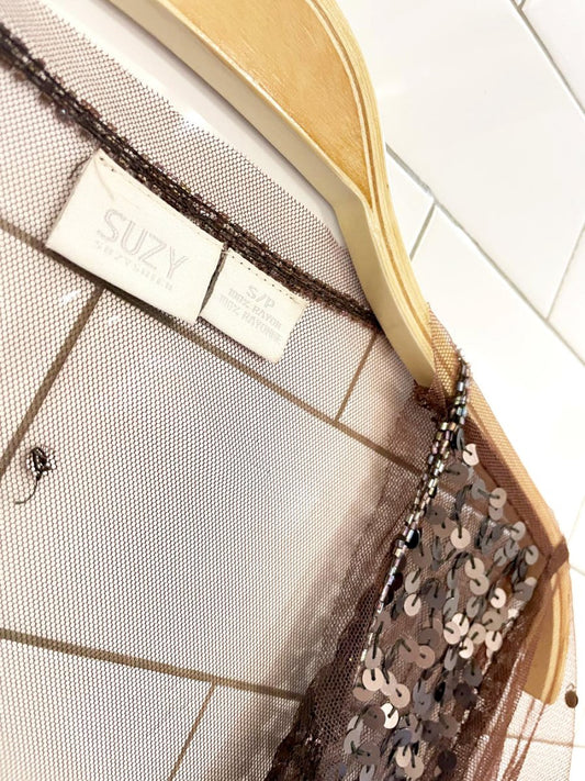 y2k suzy shier sequin mesh open crop cardi - good market thrift store