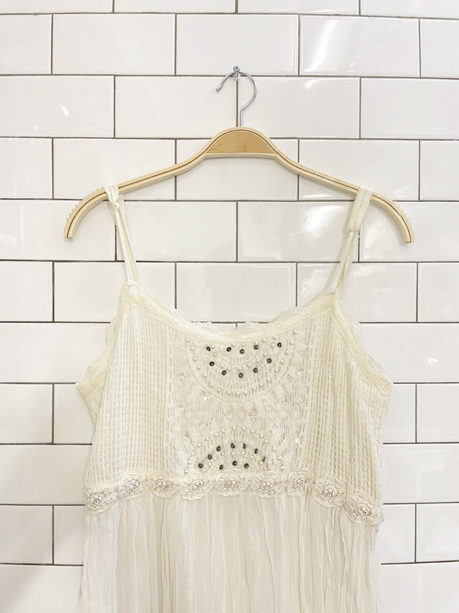 vintage 90s kaktus boho crinkle tiered midi dress - good market thrift store