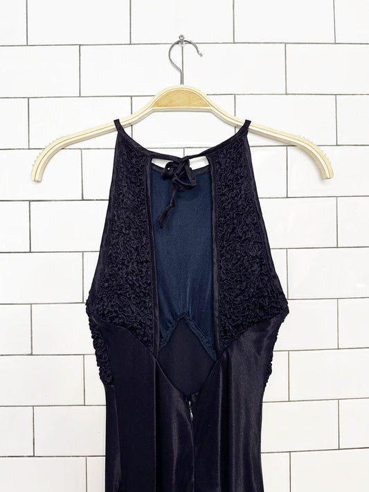 vintage 90s smocked bustier halter satin bias cut maxi gown