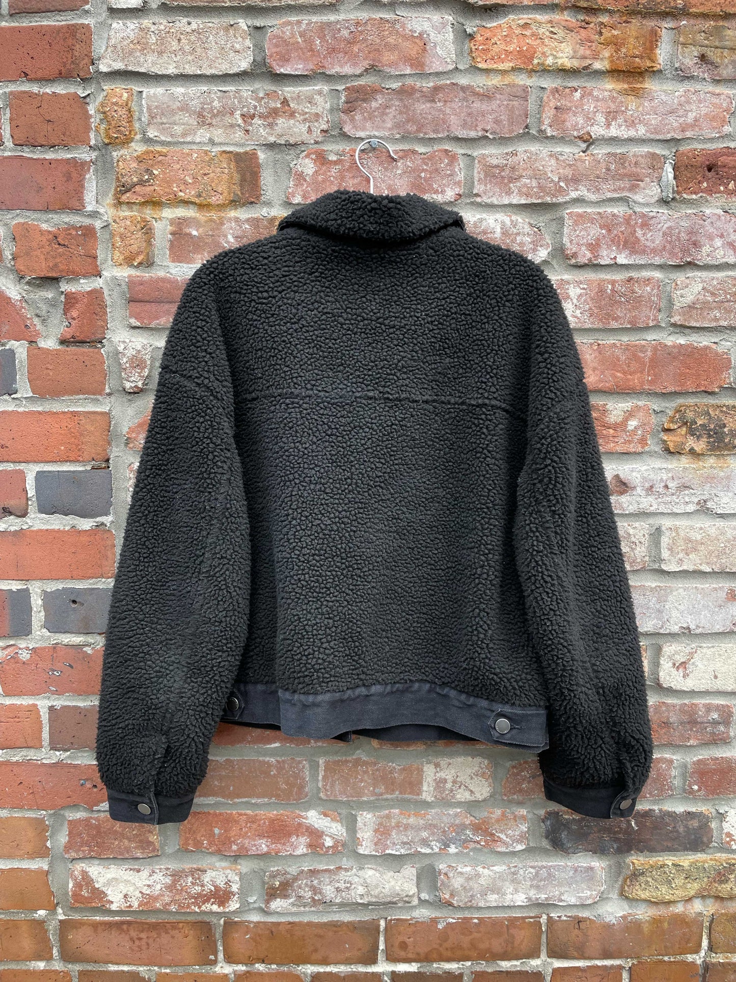 stoosh denim trim sherpa teddy trucker jacket