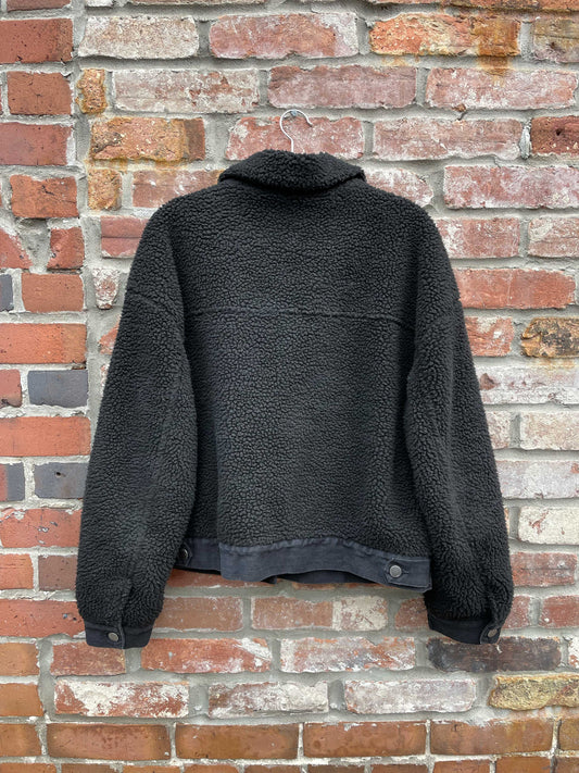 stoosh denim trim sherpa teddy trucker jacket