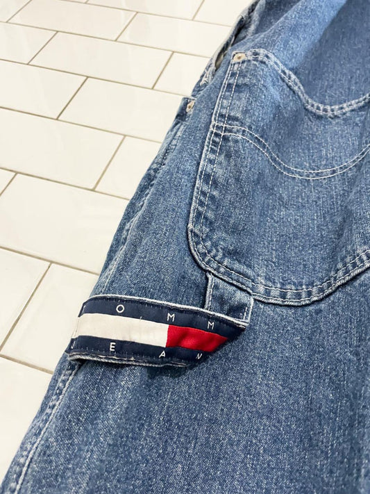 vintage 90s y2k tommy hilfiger big flag logo carpenter denim overalls - good market thrift store