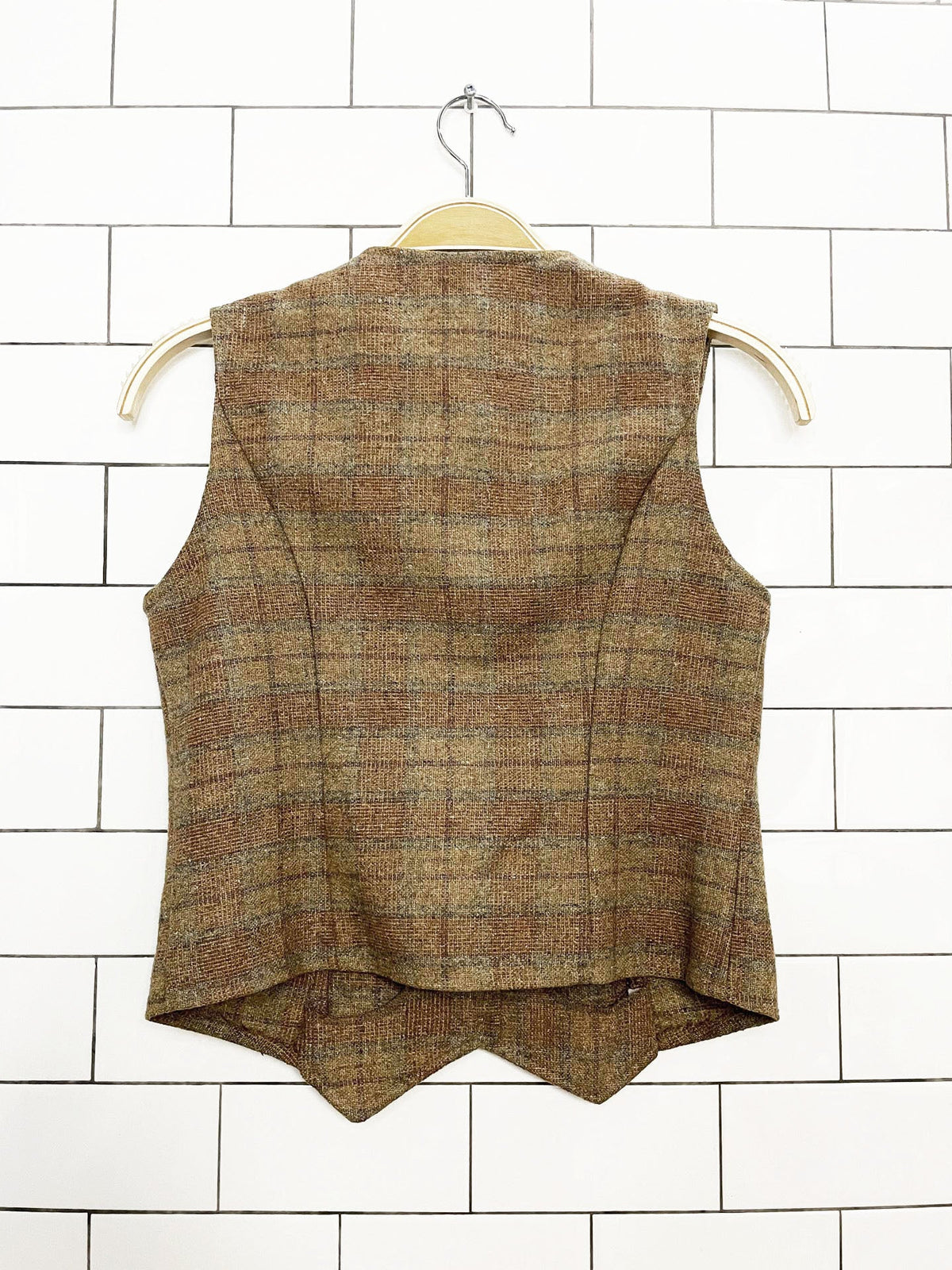 x2 vintage wool plaid fitted vest + high rise midi skirt set
