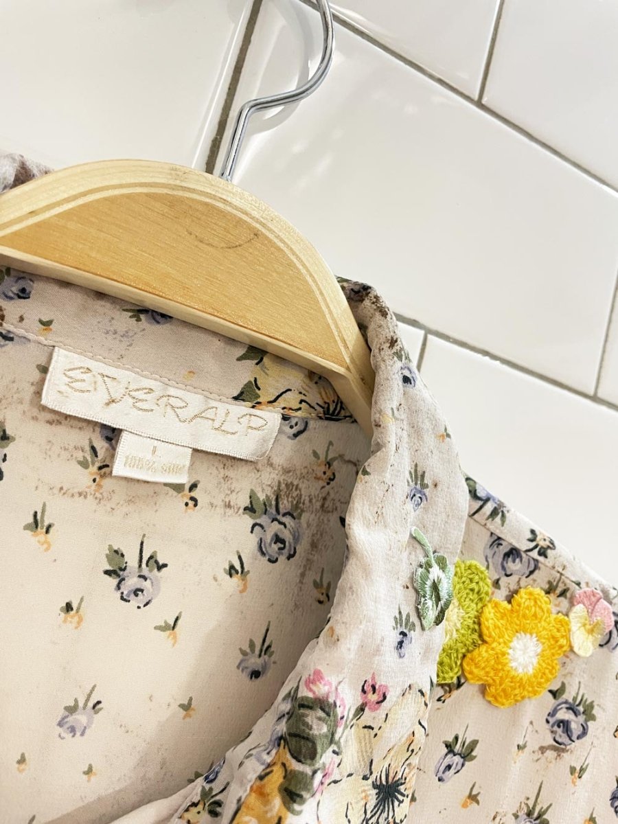 rework x vintage everalp 100% silk floral crochet patch blouse - good market thrift store