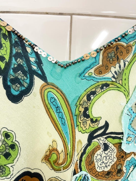 vintage 00s boho beaded patch tiered midi dress - good market thrift store