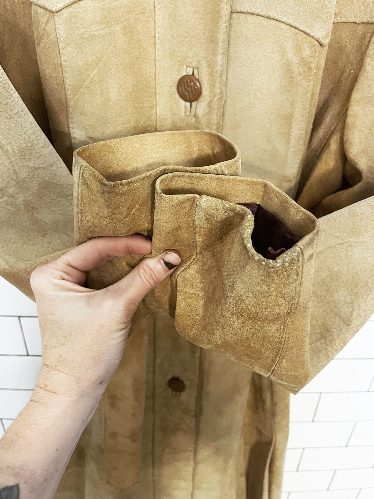 vintage dino de paris suede leather belted long pleated hem jacket | made in Canada | western yoke