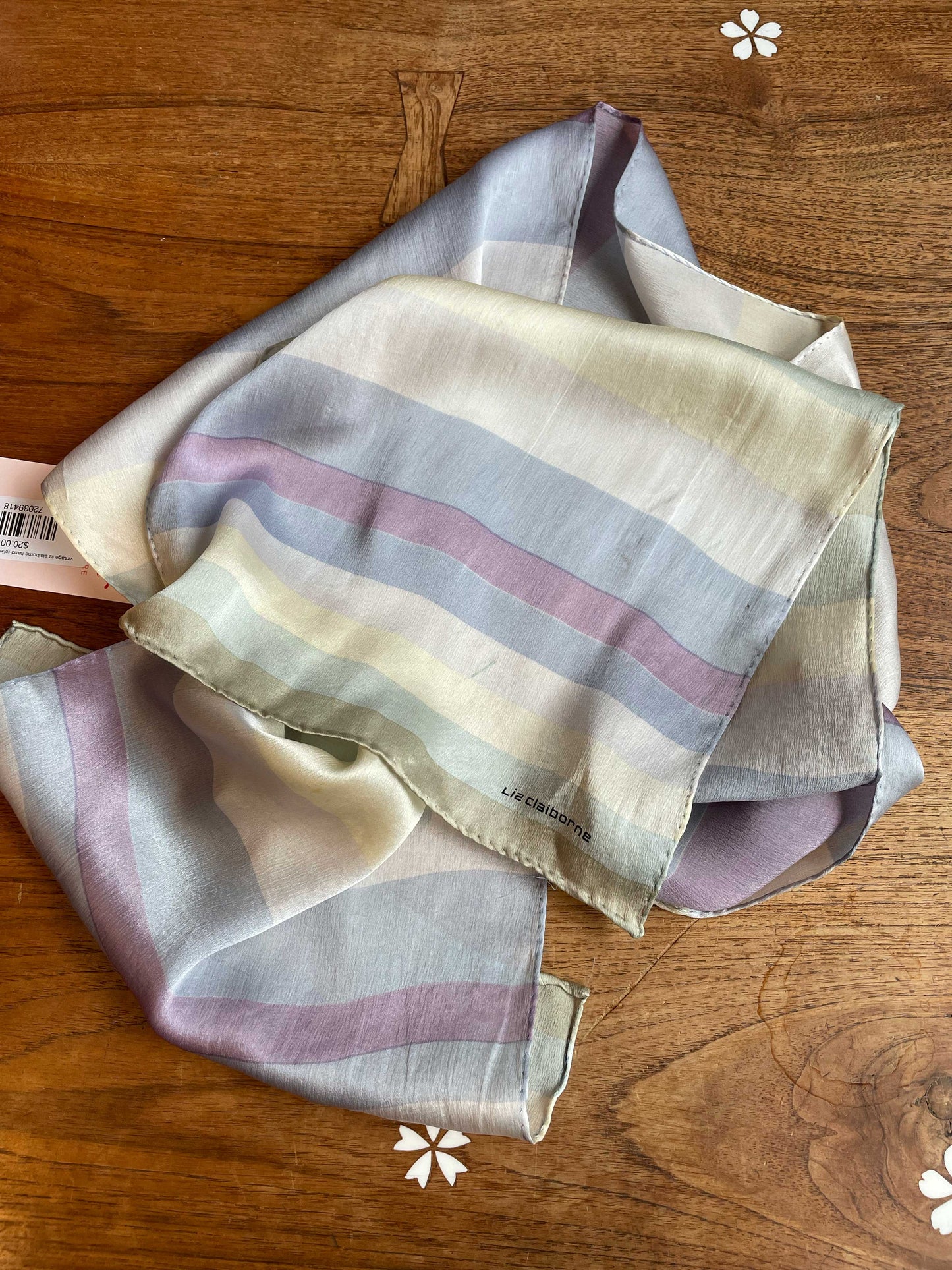 vintage liz claiborne hand-rolled pastel stripes silk scarf
