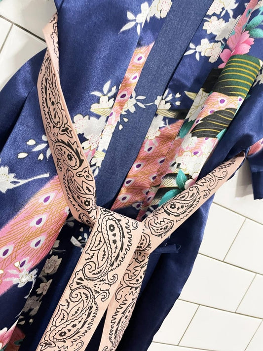 thai satin floral peacock robe w vintage bandana belt - good market thrift store