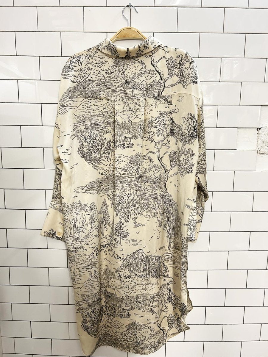 h&m mountain - river scene satin shirt dress - good market thrift store