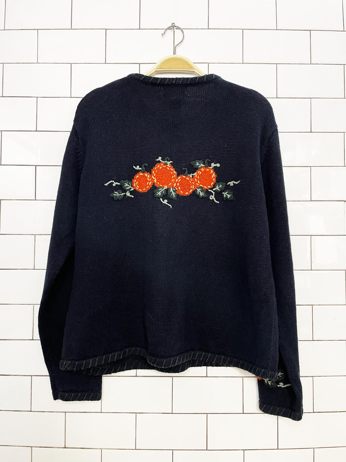 vintage christopher & banks ramie-blend hand-embroidered knit pumpkin sweater