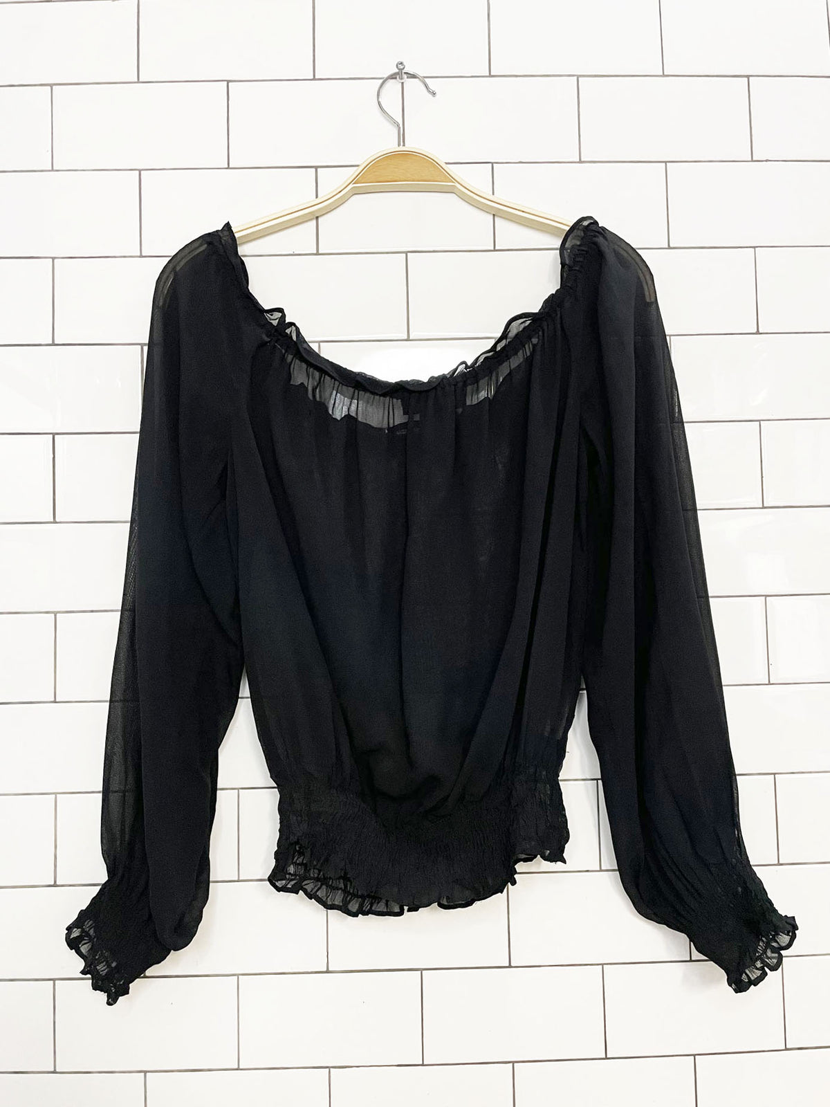 y2k ralph lauren chiffon boho peasant blouse with smocked waist
