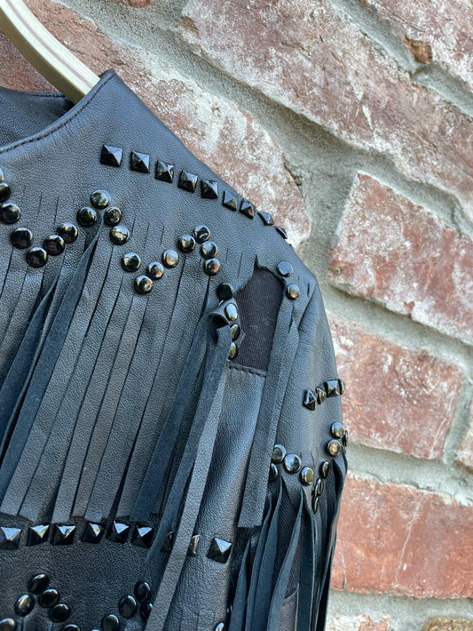 guess marciano butter leather fringe crop leather jacket