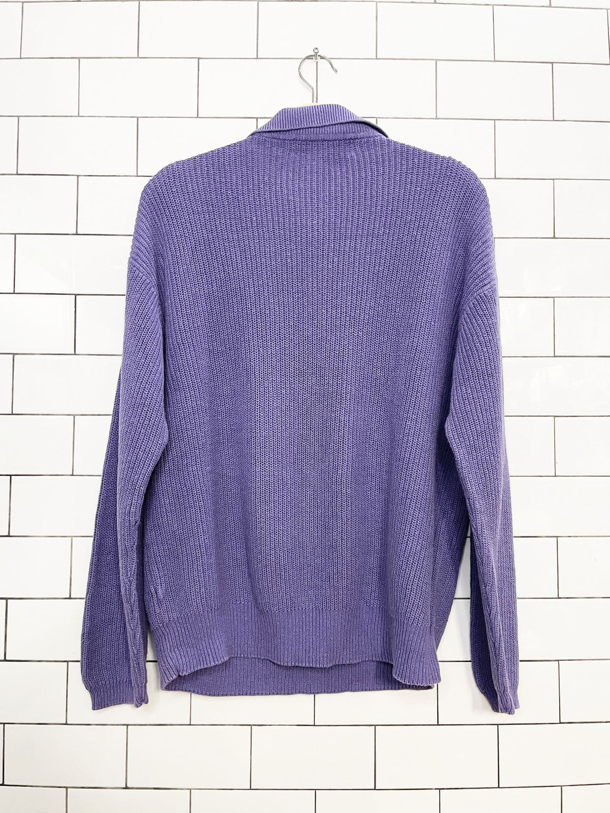 vintage norm thompson linen-blend ribbed knit 1/4 button collared sweater