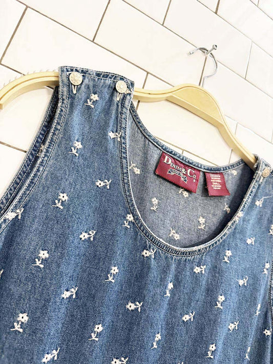 vintage denim & co sleeveless floral embroidered denim maxi dress