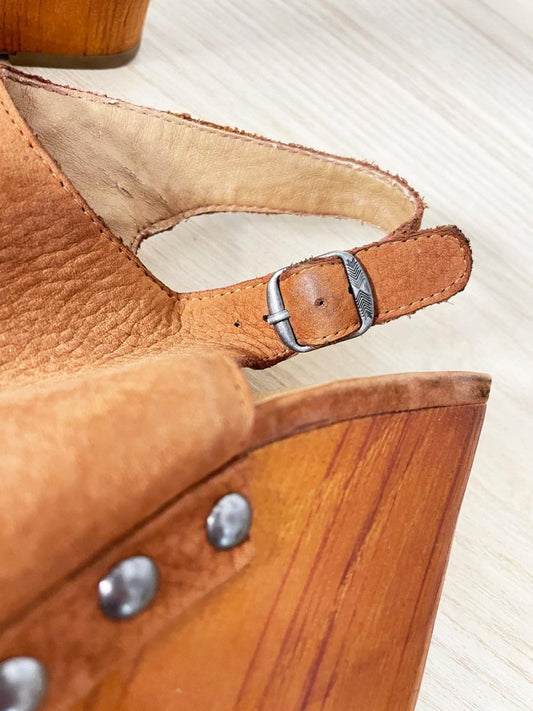 lucky brand boho studded wooden wedge leather sandals - good market thrift store