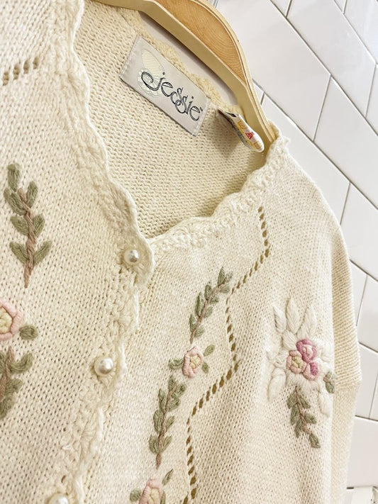 vintage 90s jessie embroidered floral knit cardigan - good market thrift store