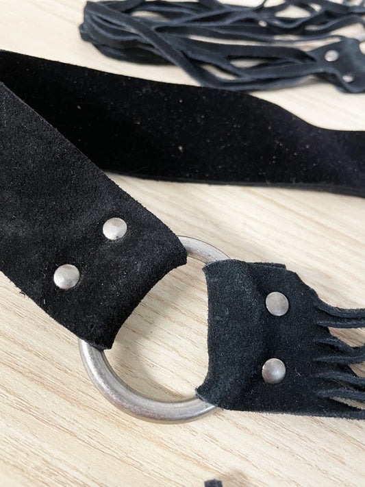 y2k suede harness fringe tie waist belt - good market thrift store