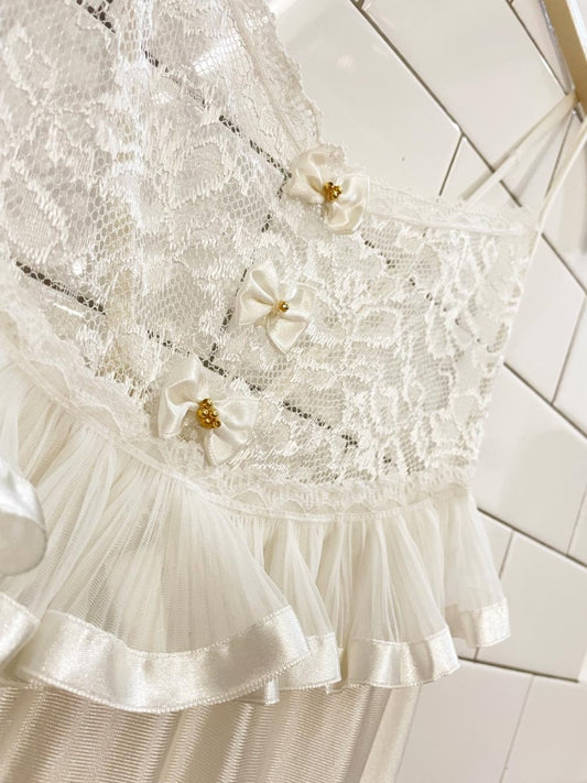 vintage lace + bow top satin knit slip night dress - good market thrift store
