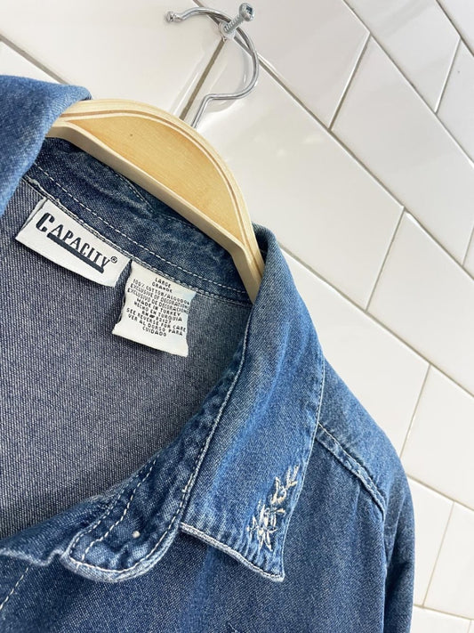 vintage 00s capacity floral embroidered denim shirt - good market thrift store